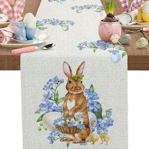 New Easter Table Runner Watercolor Bunny Chicken Egg Flower Cotton 12 X70 in